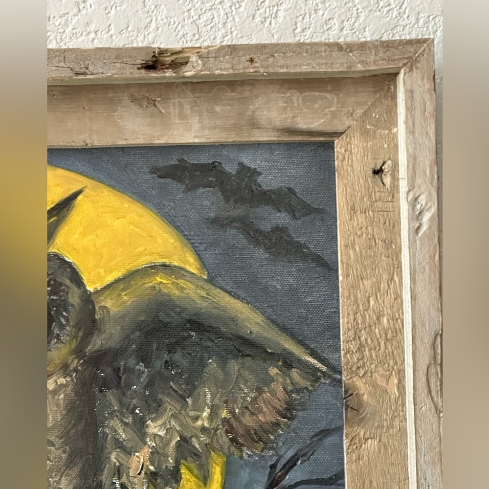OIL PAINTING SIGNED Reclaimed Wood Framed Owl Painting With Yellow Moon Harvest - Picture 7 of 11